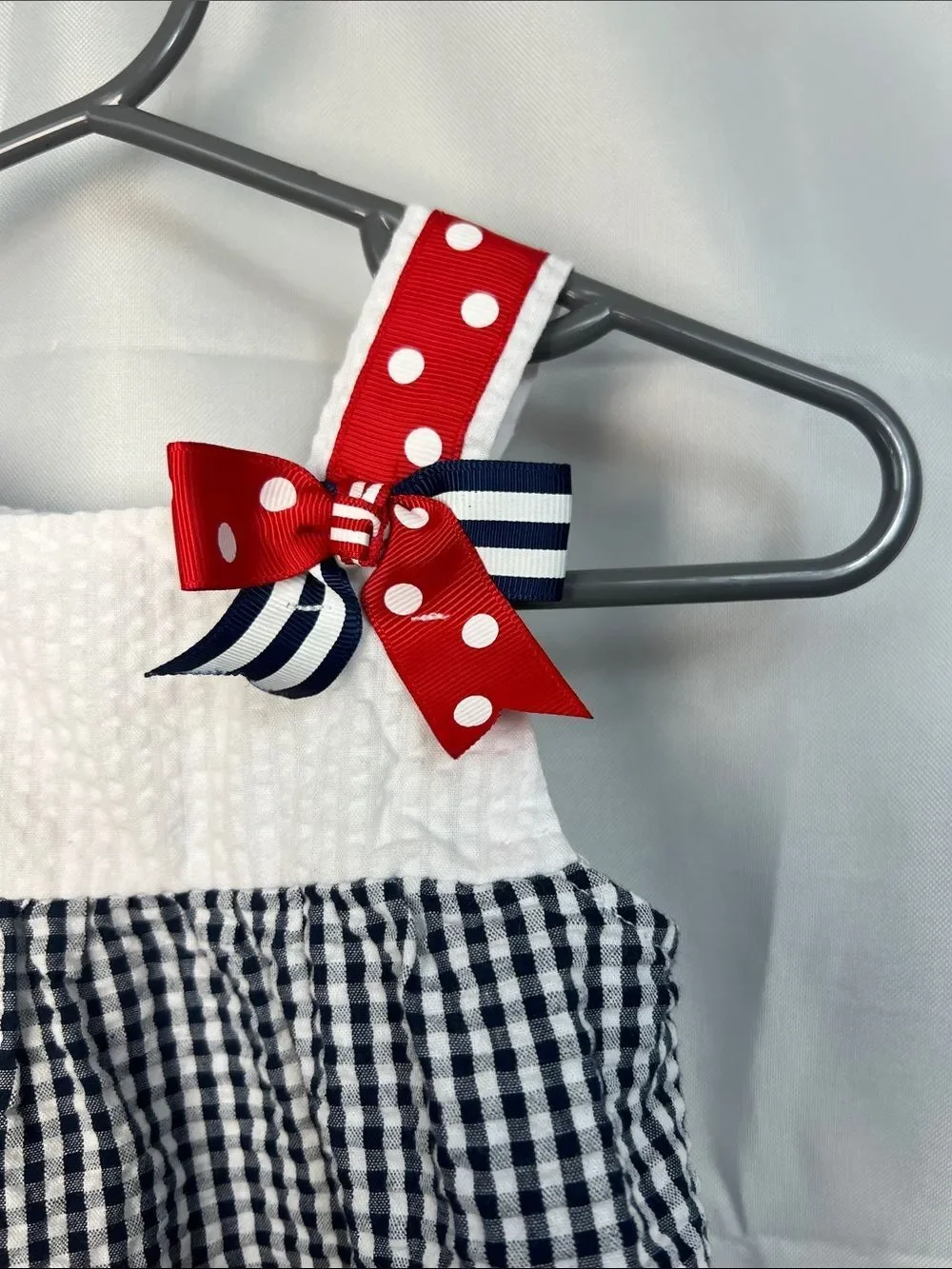 Rare Editions red white blue tiered Searsucker Patriotic dress butterfly accent